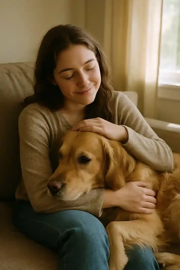 Woman finding comfort and emotional healing while hugging her dog at home.