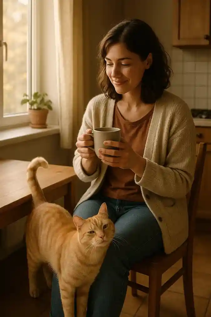 A woman sharing a peaceful morning moment with her cat, showing daily companionship and comfort.