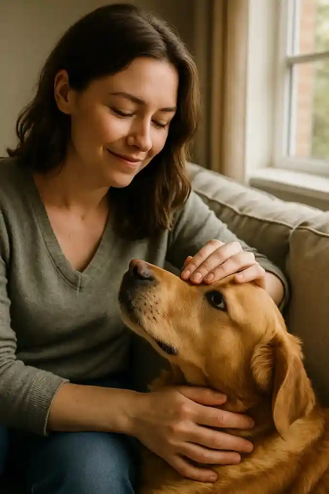 A woman gently petting her dog, showing the calm and trust that reflects the science behind their emotional bond.