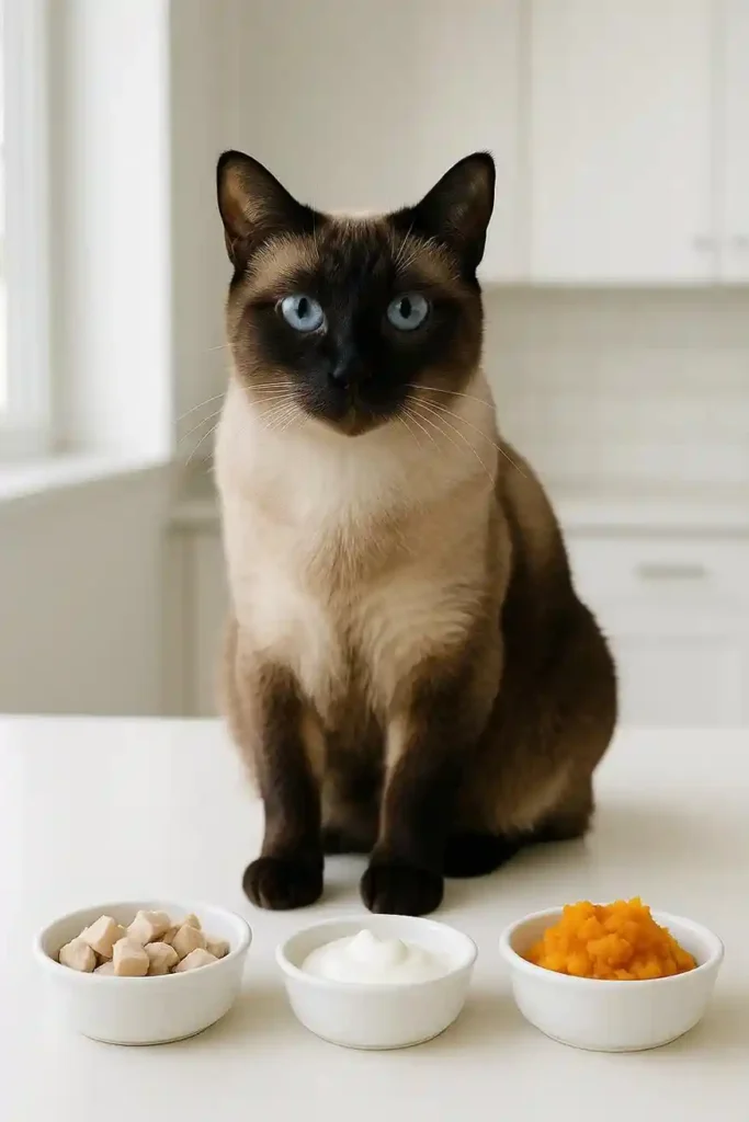 Siamese cat sitting beside healthy cream cheese alternatives on a kitchen counter.