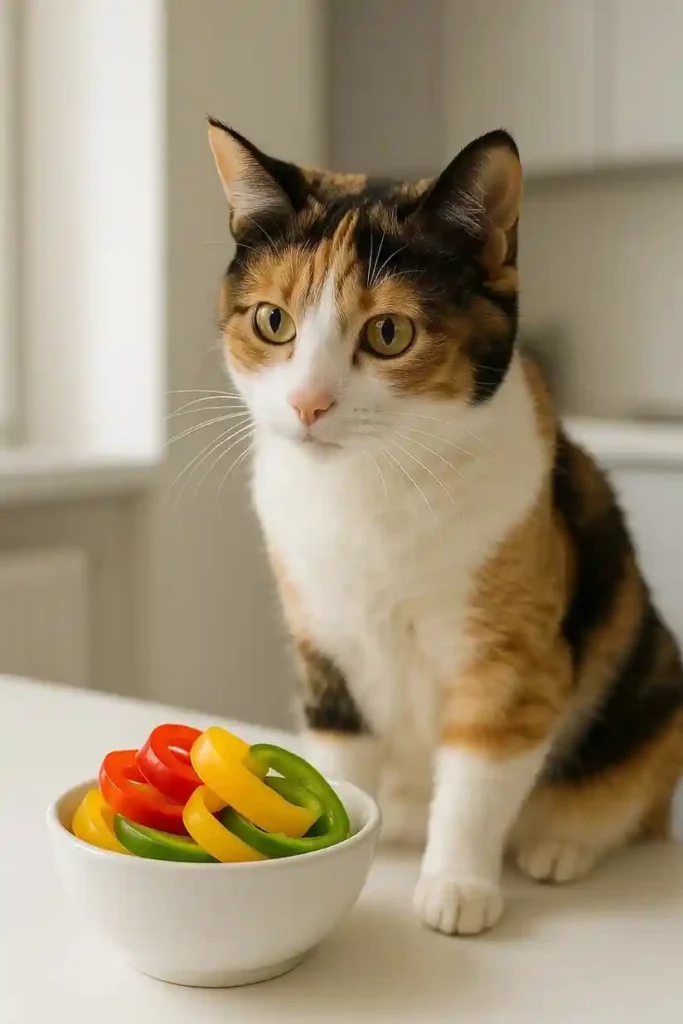 Calico cat examining sliced bell peppers on a kitchen table.