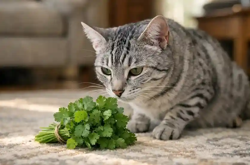 Silver Egyptian Mau cat sniffing fresh cilantro in a home living room