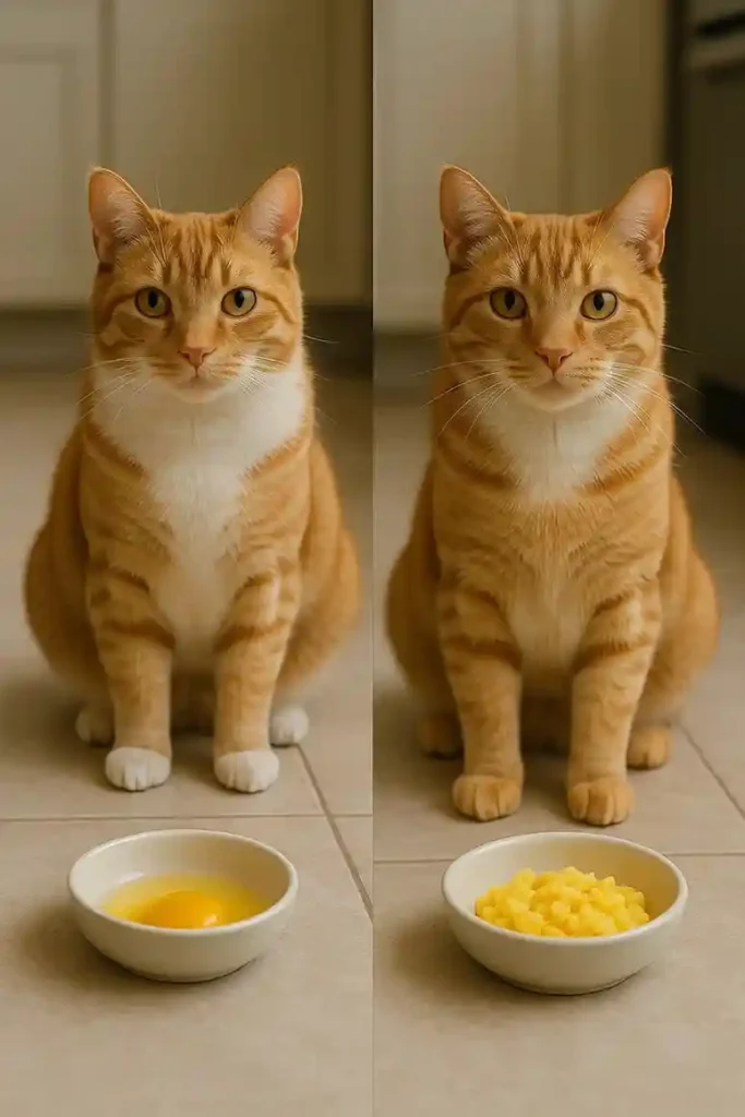 Orange and white cat comparing raw egg yolk and cooked egg yolk in separate bowls on kitchen floor