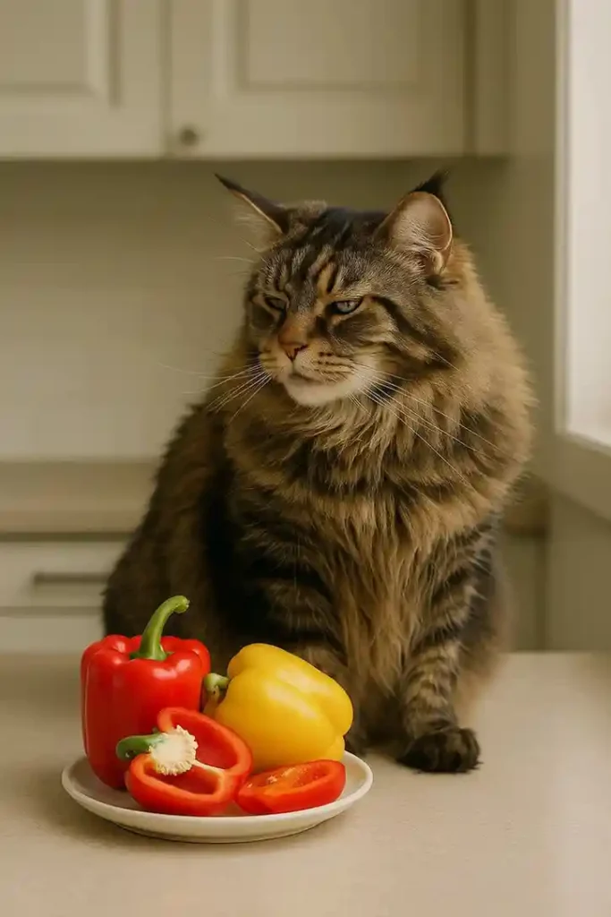 Maine Coon cat turning away from a plate of bell peppers.