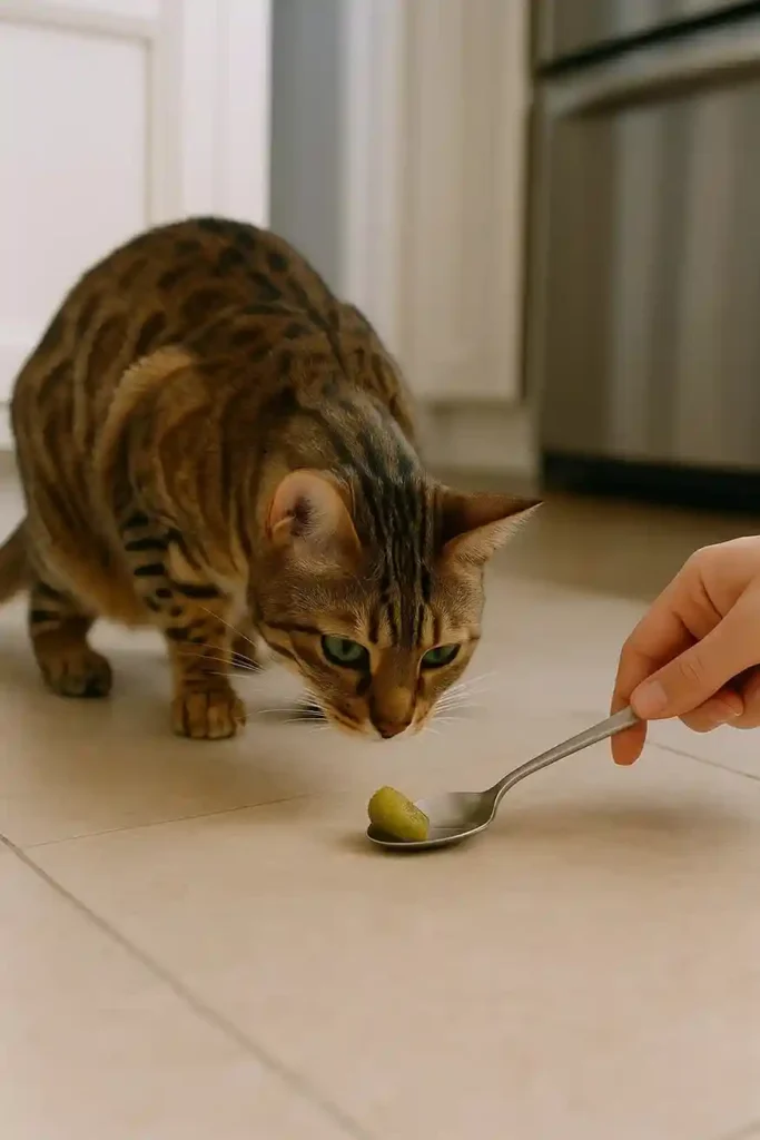 Bengal cat sniffing a piece of pickle while the owner moves it away safely.