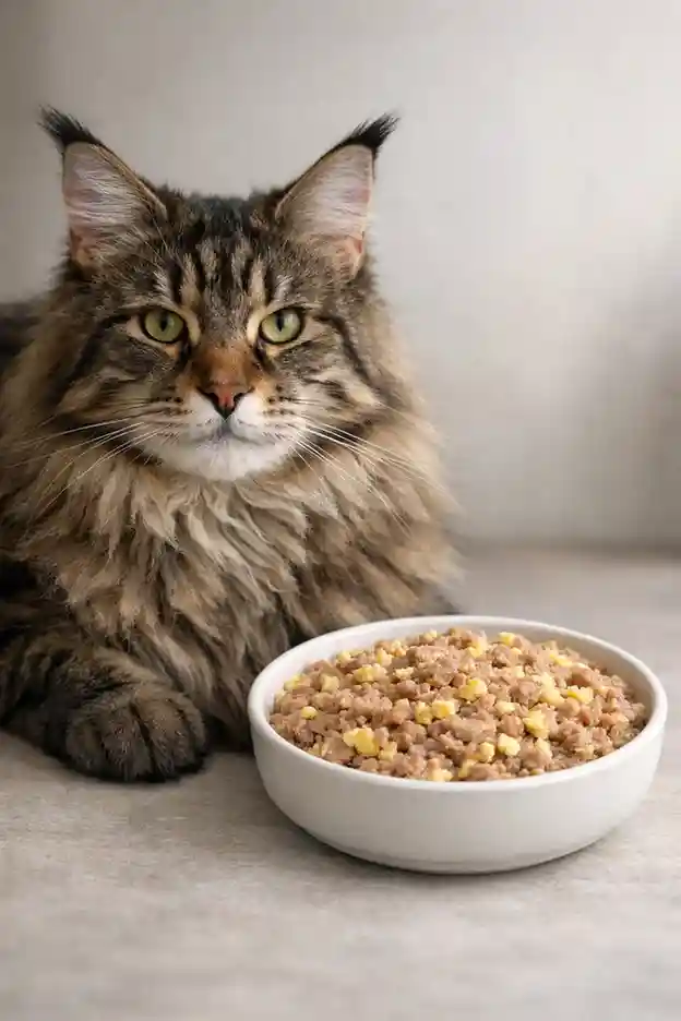 Maine Coon cat beside a bowl of wet cat food mixed with mashed hard-boiled egg.