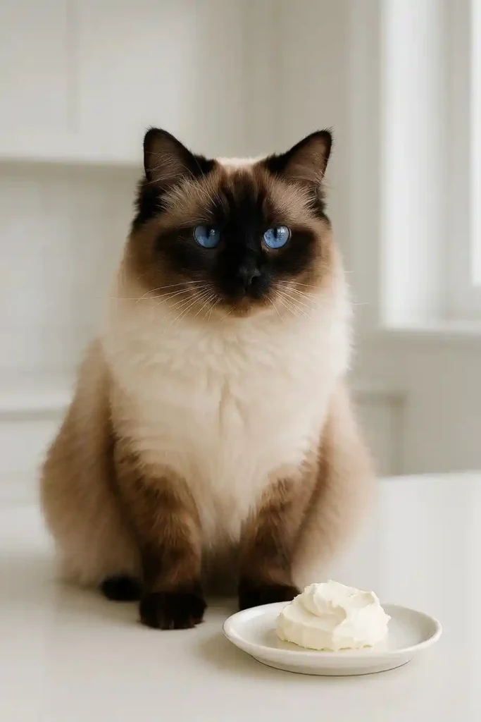 Ragdoll cat sitting beside a plate of cream cheese on a bright counter.