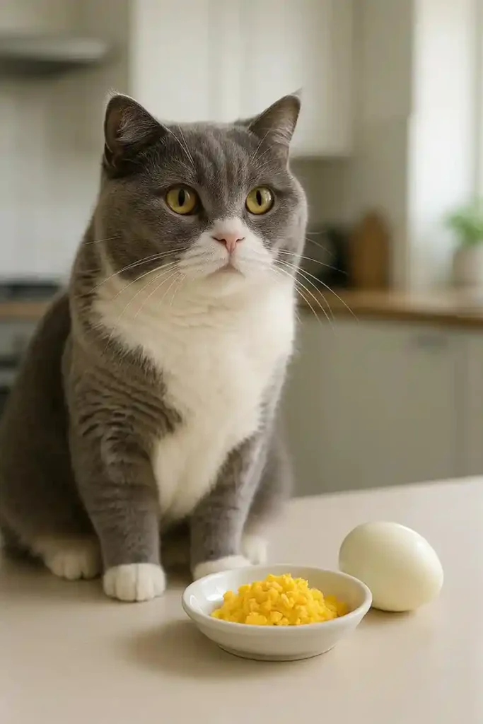Gray and white cat sitting near a plate of safely prepared cooked egg yolk in a kitchen