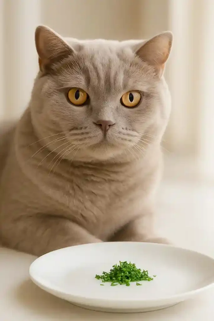 British Shorthair cat beside a tiny pinch of parsley on a white plate.
