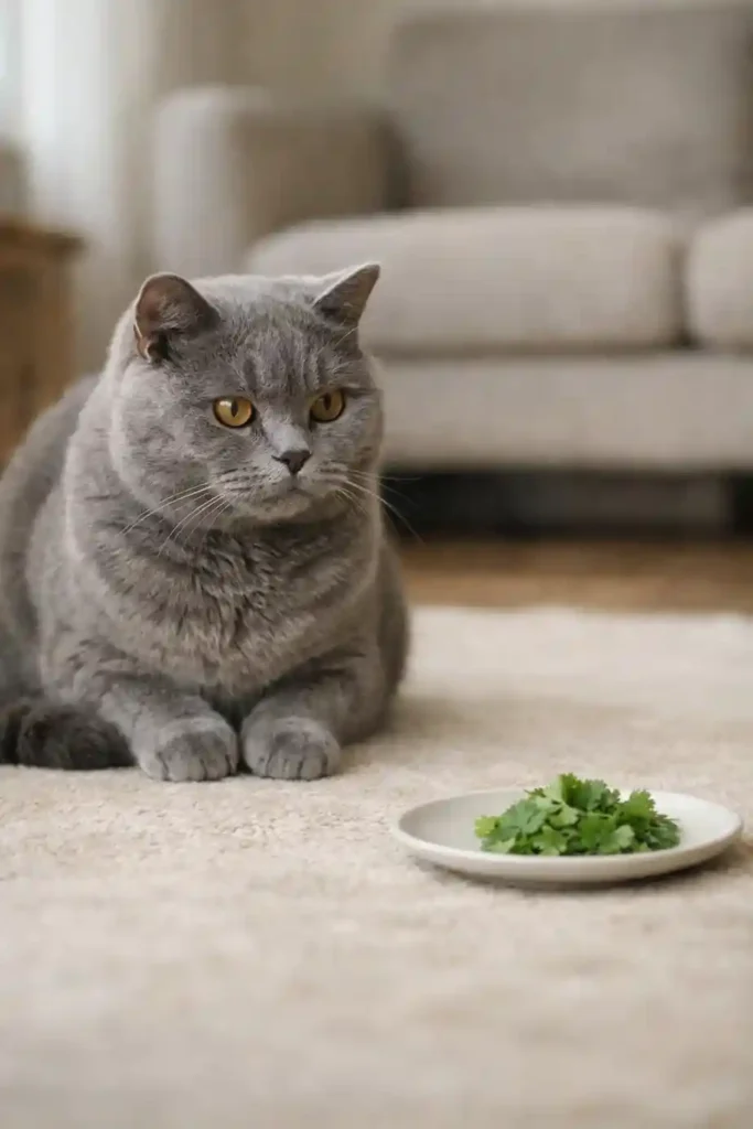 British Shorthair cat observing a small amount of fresh cilantro at home