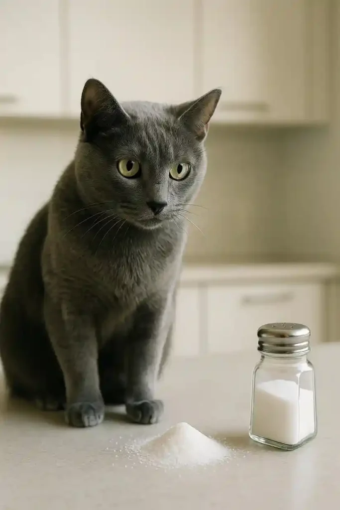 Russian Blue cat sitting near spilled salt and a salt shaker on a kitchen counter.