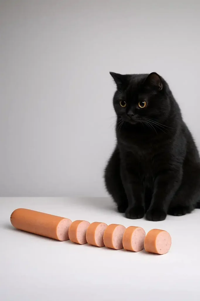 Black British Shorthair cat observing sliced hot dog pieces on a neutral surface, illustrating ingredients inside hot dogs.