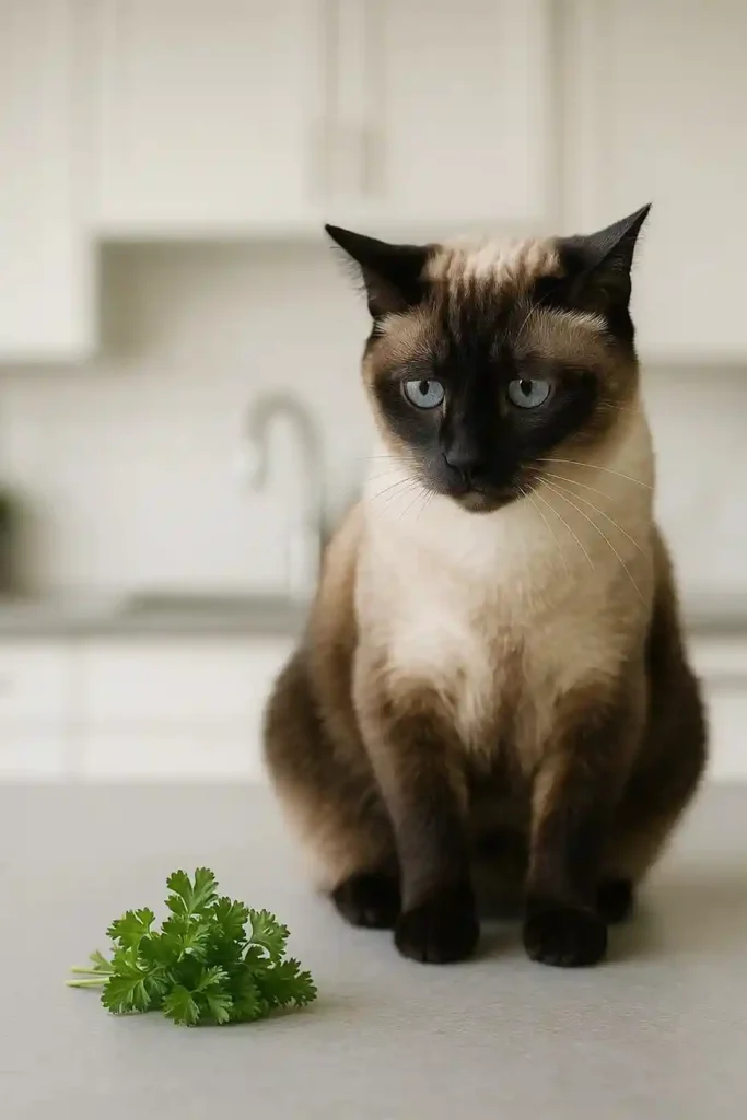Siamese cat sitting near parsley, looking hesitant on a kitchen counter.