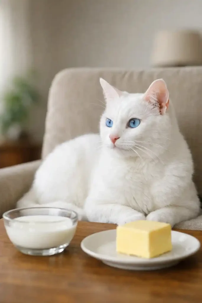 Healthy Khao Manee cat turning away from milk and butter in a home setting