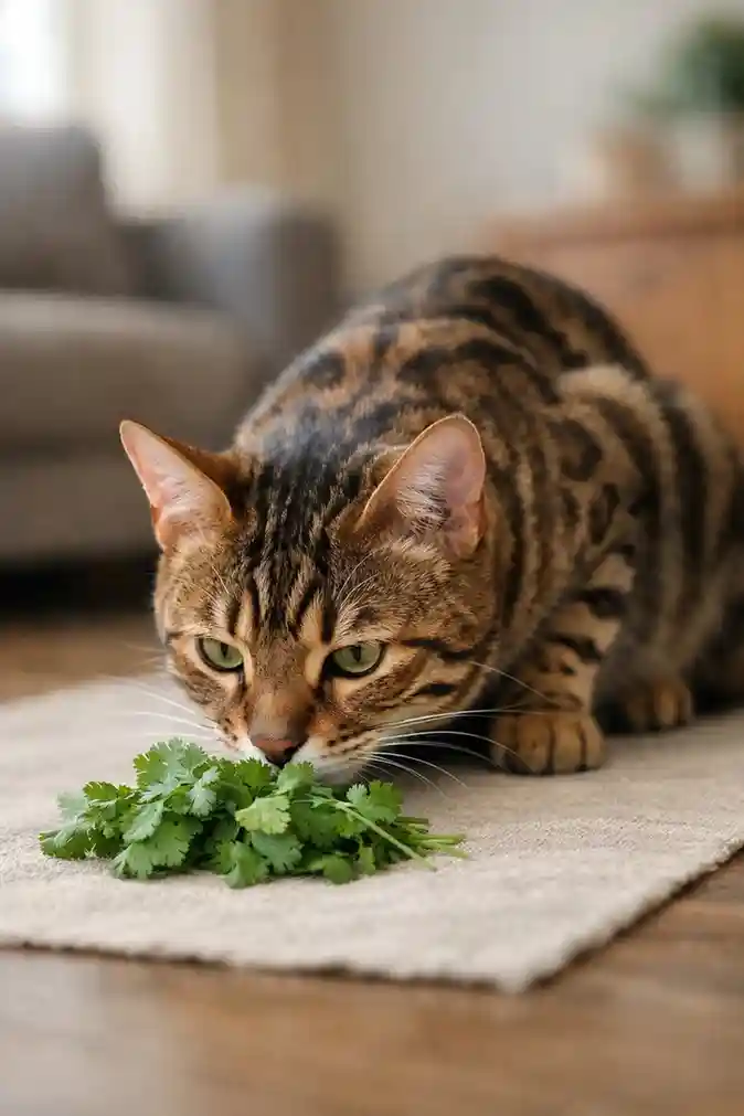 Bengal cat sniffing fresh cilantro leaves in a home environment