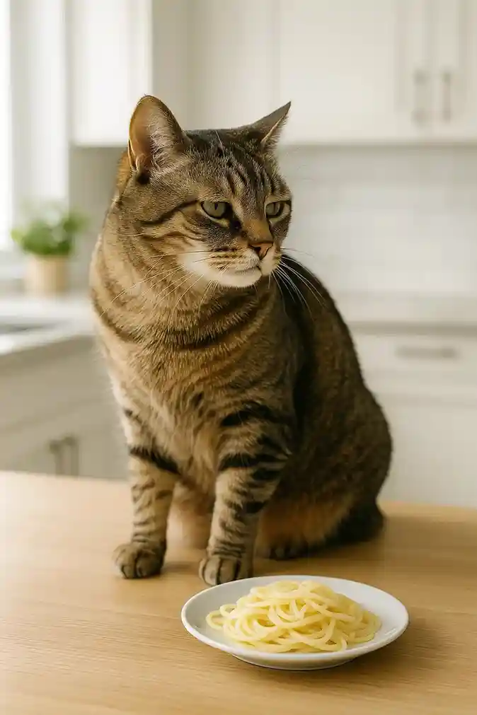 Cat turning away from a small plate of pasta, showing disinterest.